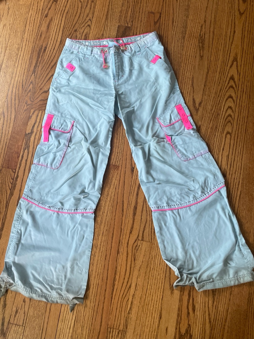 y2k 2000s Low Rise Wide Leg Skater Rave Pants Blue W/ Hot Pink Rhinestones SzMed